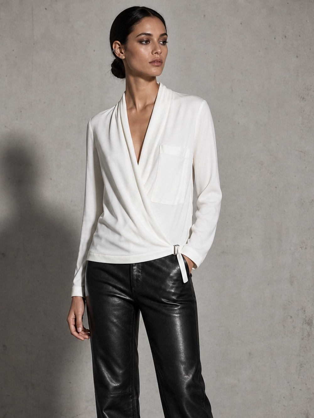 Helmut Lang Morse Drape Ivory Wrap Top Lamb Leather Trim Blouse Size Small
